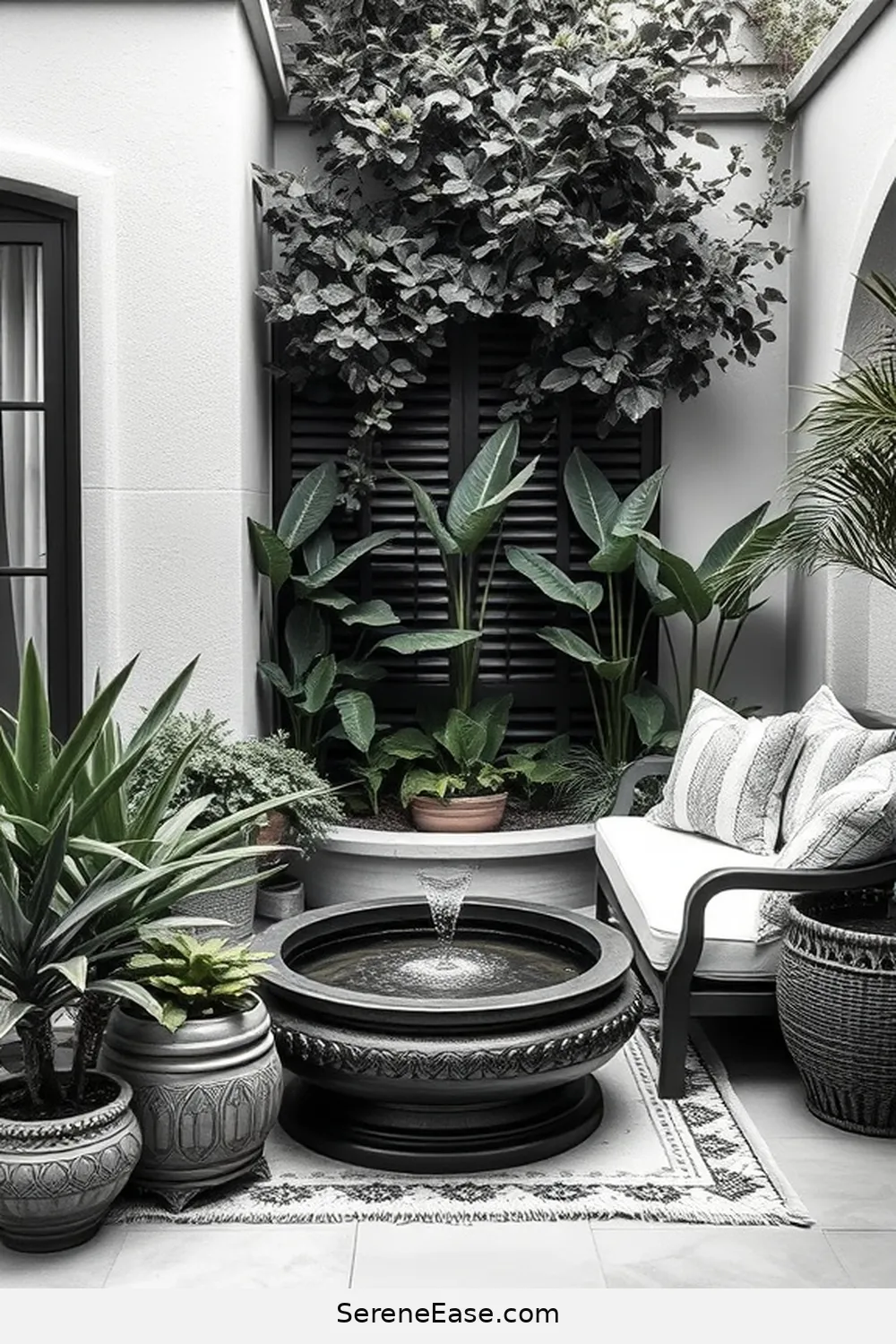 20 Ways to Create a Black and White Bohemian Style Outdoor Patio 19 Add a Small Water Feature for 20 Ways to Create a Black and White Bohemian Style Outdoor Patio