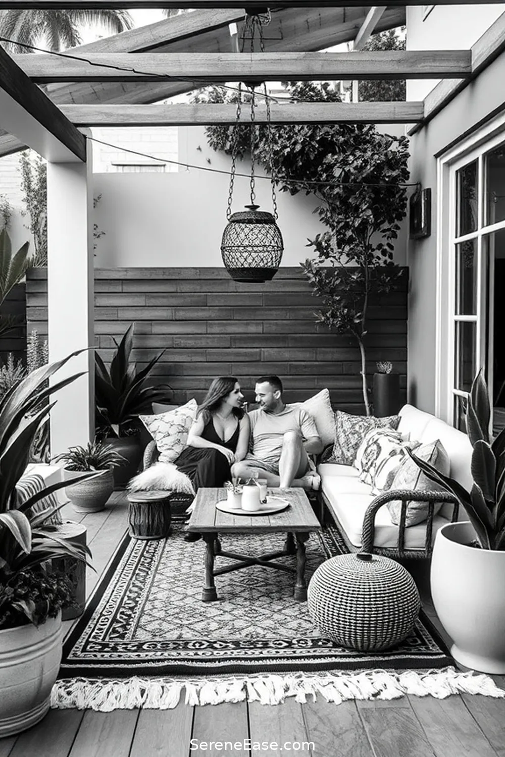 20 Ways to Create a Black and White Bohemian Style Outdoor Patio 13 Create a Cozy Lounge Space for 20 Ways to Create a Black and White Bohemian Style Outdoor Patio