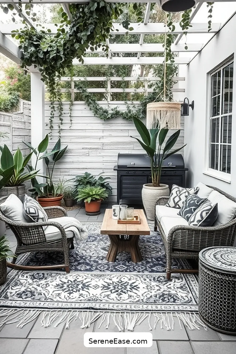 20 Ways to Create a Black and White Bohemian Style Outdoor Patio 3 Incorporate Textured Rugs for 20 Ways to Create a Black and White Bohemian Style Outdoor Patio