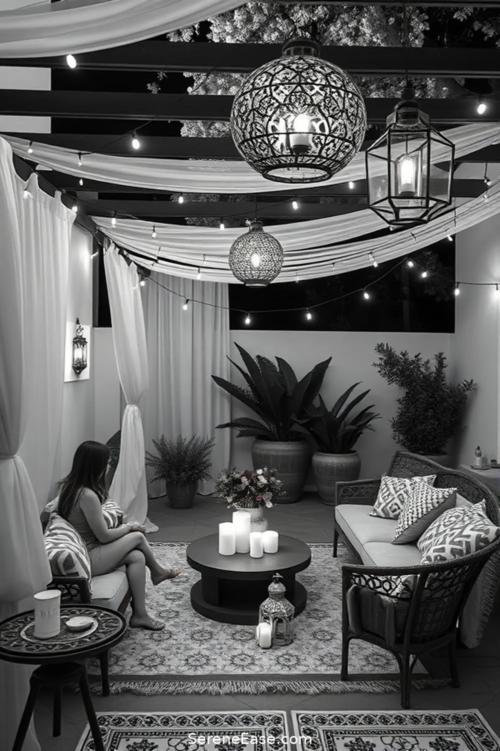 20 Ways to Create a Black and White Bohemian Style Outdoor Patio 7 Utilize Ambient Lighting for 20 Ways to Create a Black and White Bohemian Style Outdoor Patio