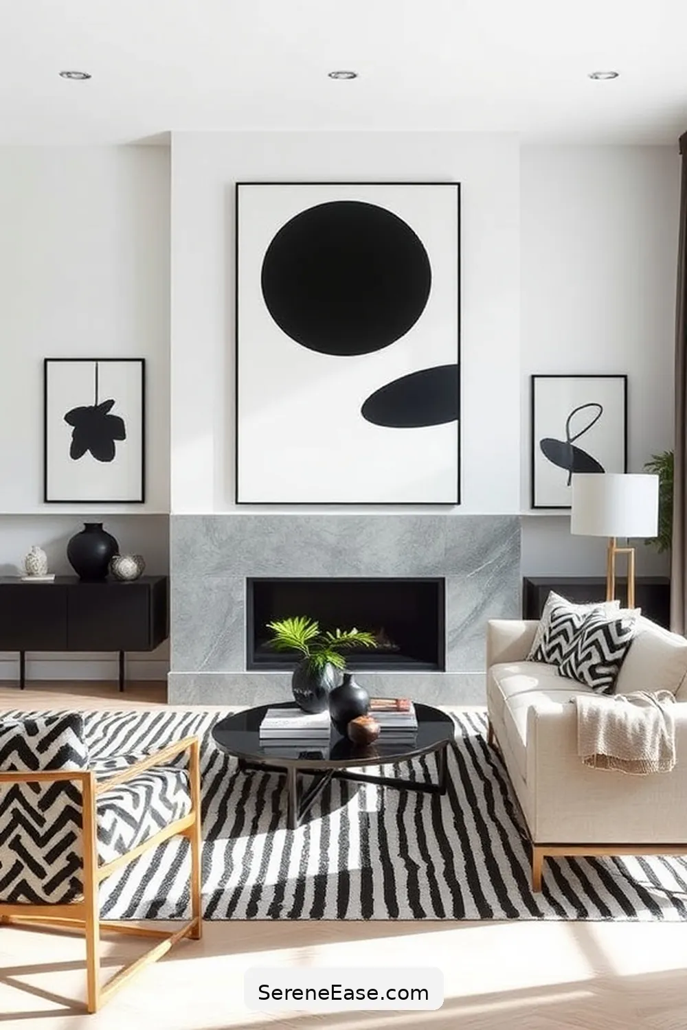 20 Ways to Create a Black and White Living Room in Mid Century Modern Style 6 Add Black and White Artwork for 20 Ways to Create a Black and White Living Room in Mid Century Modern Style