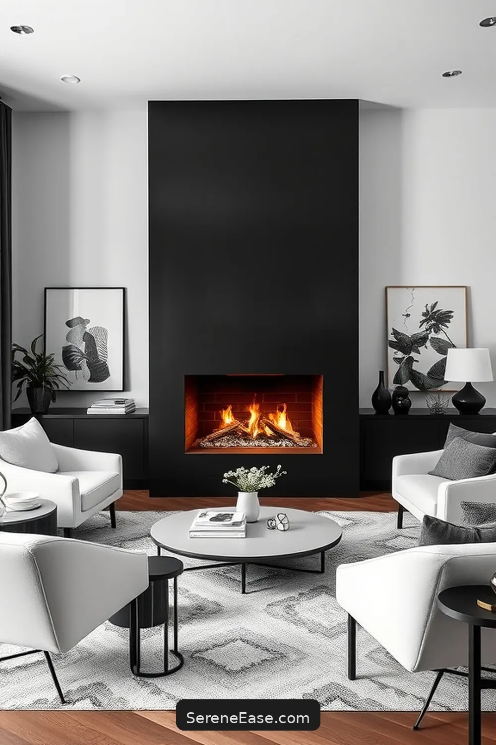 20 Ways to Create a Black and White Living Room in Mid Century Modern Style 10 Create a Focal Point With a Fireplace for 20 Ways to Create a Black and White Living Room in Mid Century Modern Style