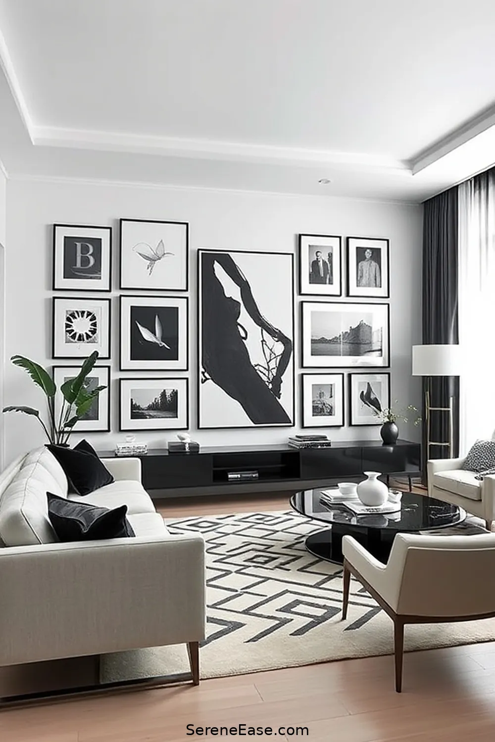 20 Ways to Create a Black and White Living Room in Mid Century Modern Style 16 Feature a Gallery Wall for 20 Ways to Create a Black and White Living Room in Mid Century Modern Style