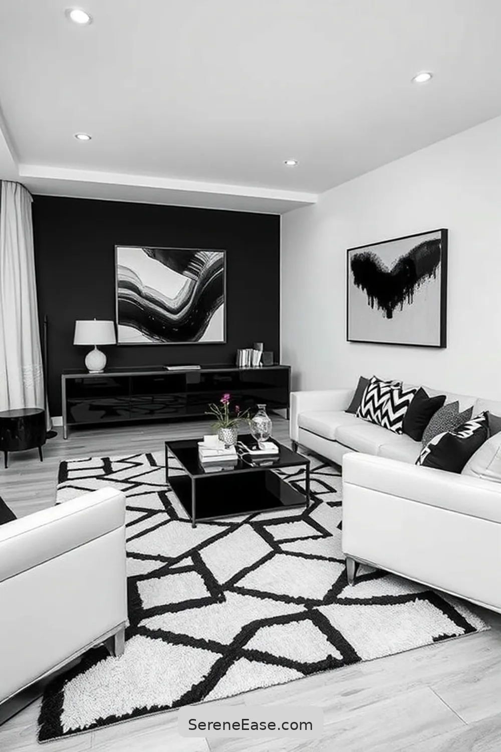 20 Ways to Create a Black and White Living Room in Mid Century Modern Style 3 Incorporate Geometric Patterns for 20 Ways to Create a Black and White Living Room in Mid Century Modern Style