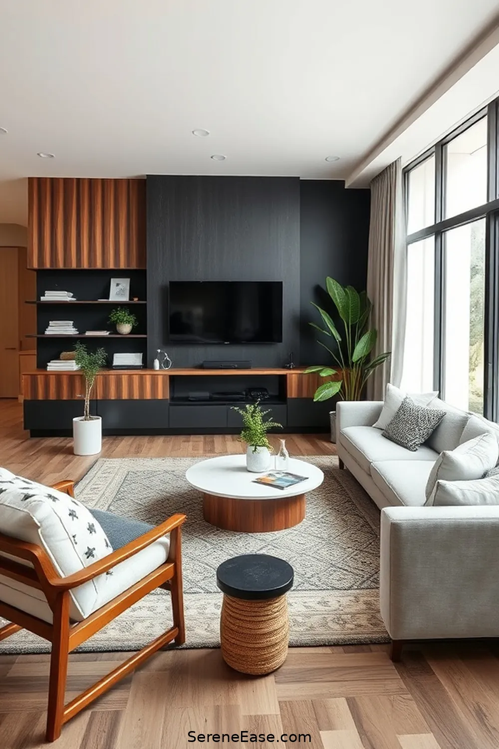 20 Ways to Create a Black and White Living Room in Mid Century Modern Style 11 Incorporate Natural Materials for 20 Ways to Create a Black and White Living Room in Mid Century Modern Style