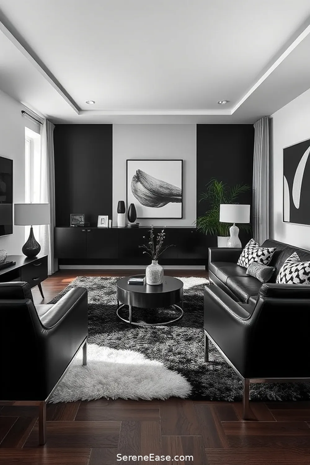 20 Ways to Create a Black and White Living Room in Mid Century Modern Style 8 Mix Textures for Depth for 20 Ways to Create a Black and White Living Room in Mid Century Modern Style
