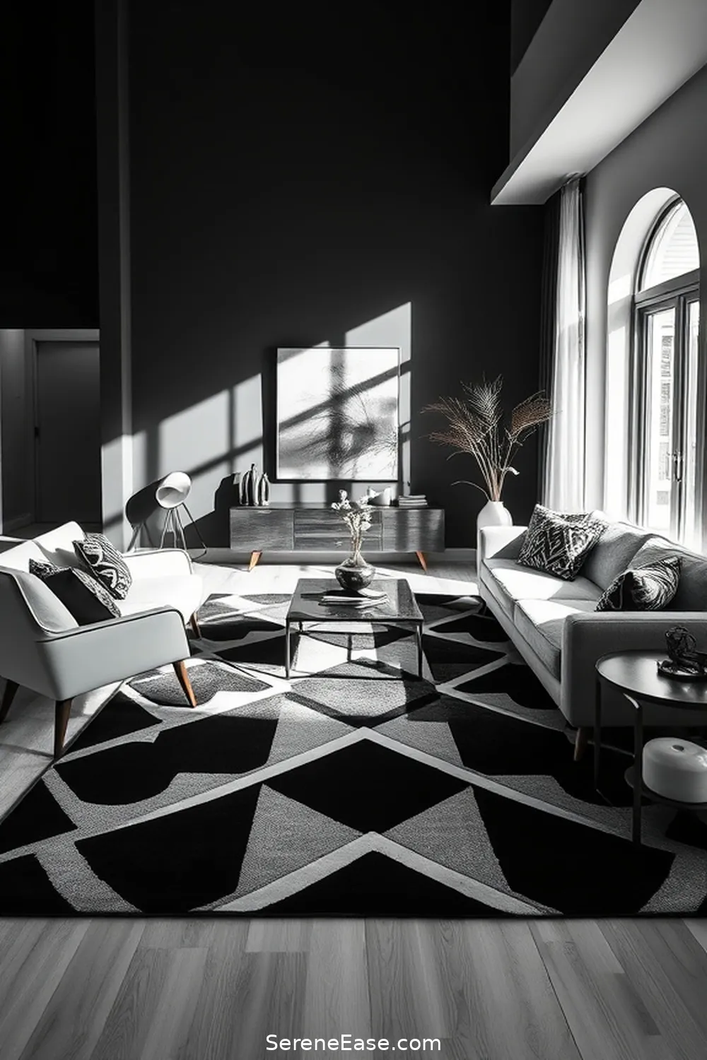 20 Ways to Create a Black and White Living Room in Mid Century Modern Style 7 Opt for a Bold Area Rug for 20 Ways to Create a Black and White Living Room in Mid Century Modern Style