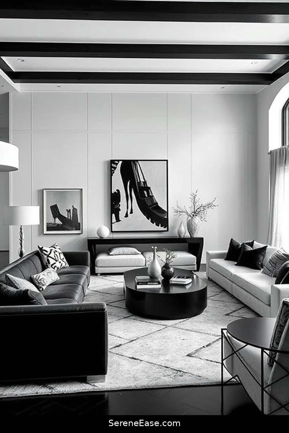 20 Ways to Create a Black and White Living Room in Mid Century Modern Style 21 Play With Scale and Proportion for 20 Ways to Create a Black and White Living Room in Mid Century Modern Style