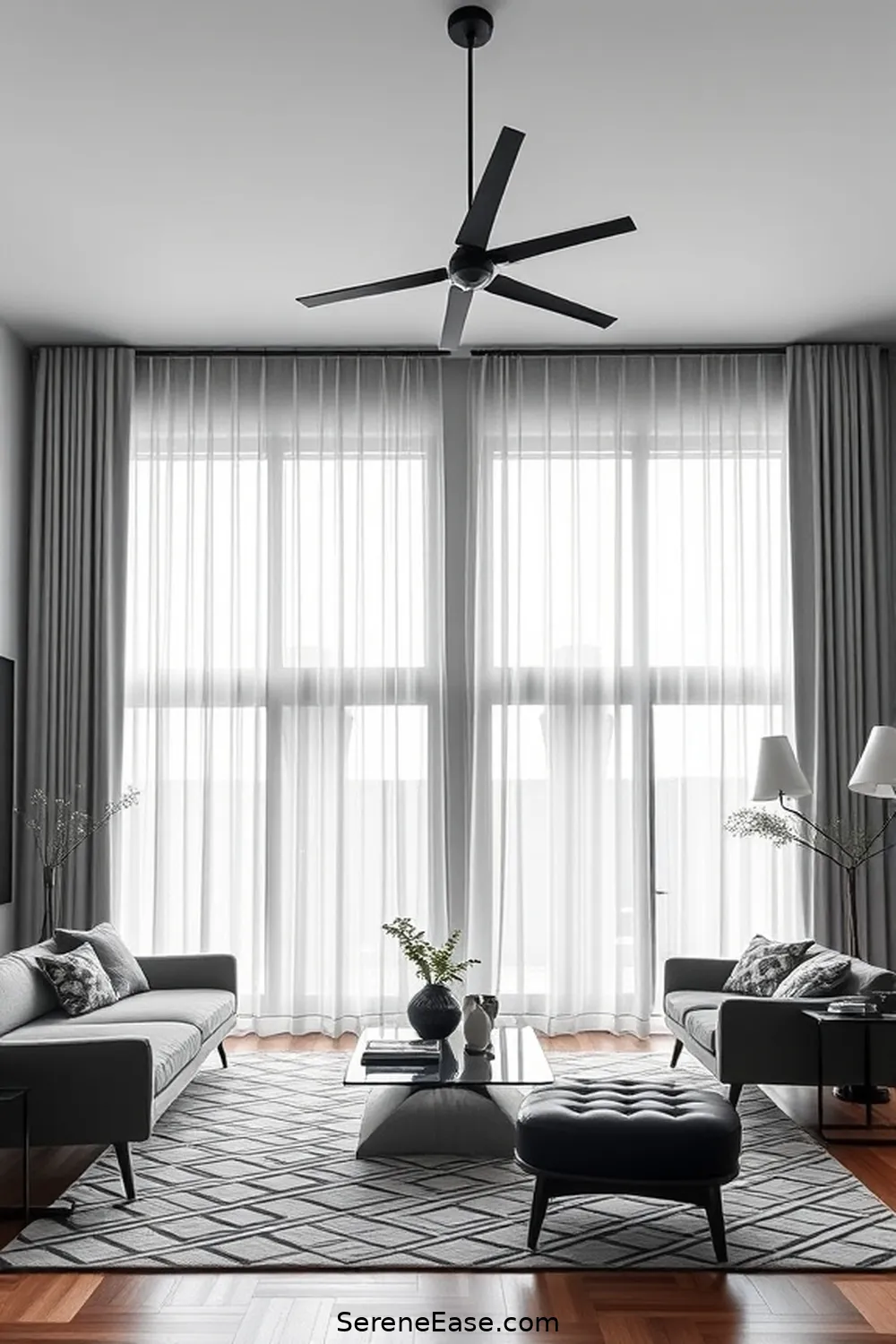 20 Ways to Create a Black and White Living Room in Mid Century Modern Style 12 Use Minimalist Window Treatments for 20 Ways to Create a Black and White Living Room in Mid Century Modern Style