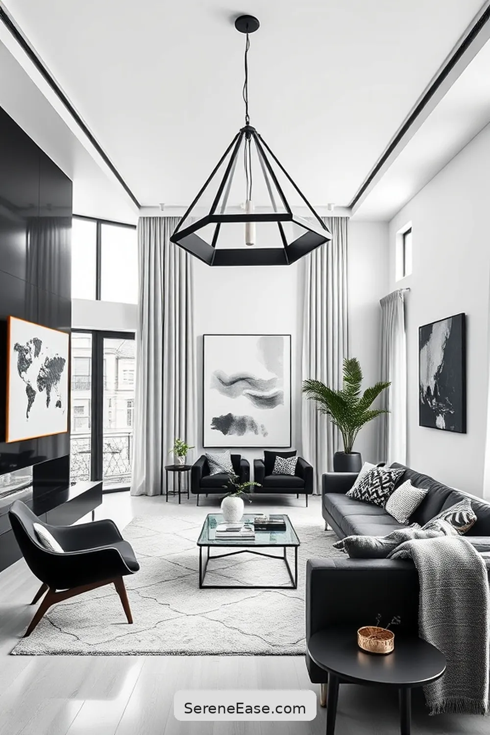 20 Ways to Create a Black and White Living Room in Mid Century Modern Style 5 Use Statement Lighting Fixtures for 20 Ways to Create a Black and White Living Room in Mid Century Modern Style