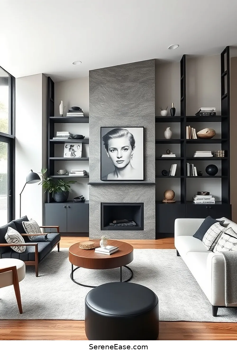 20 Ways to Create a Black and White Living Room in Mid Century Modern Style 18 Utilize Open Shelving for 20 Ways to Create a Black and White Living Room in Mid Century Modern Style