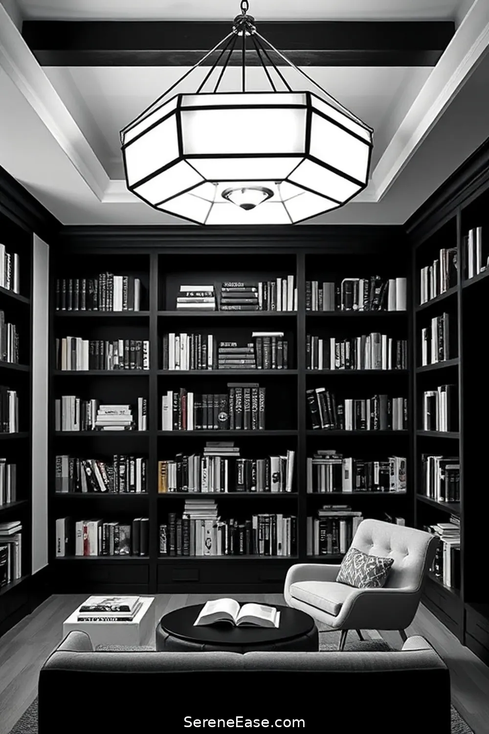 20 Ways to Create a Black and White Modern Farmhouse Library Style 7 Add a Statement Light Fixture for 20 Ways to Create a Black and White Modern Farmhouse Library Style
