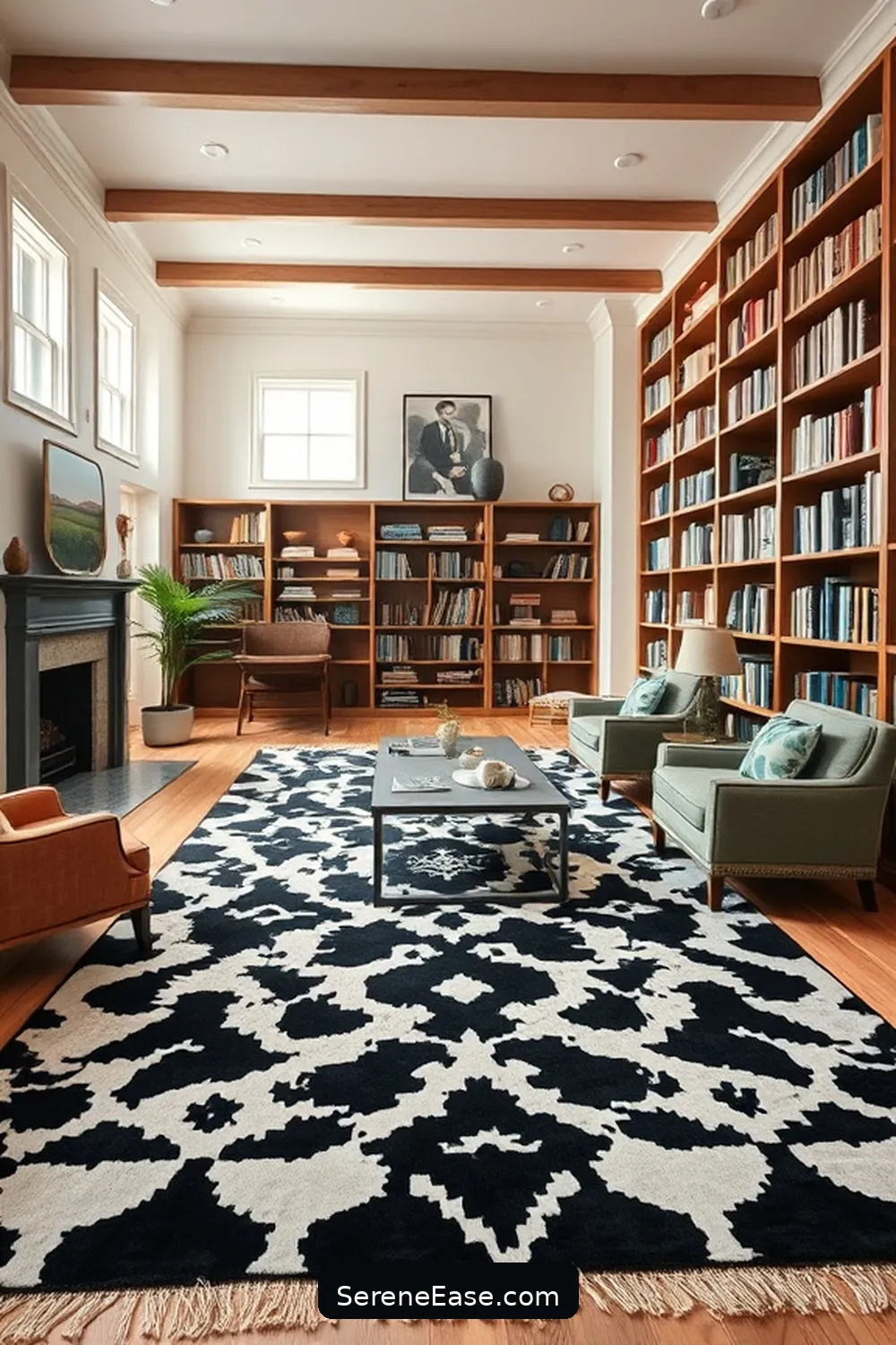 20 Ways to Create a Black and White Modern Farmhouse Library Style 14 Choose a Bold Area Rug for 20 Ways to Create a Black and White Modern Farmhouse Library Style