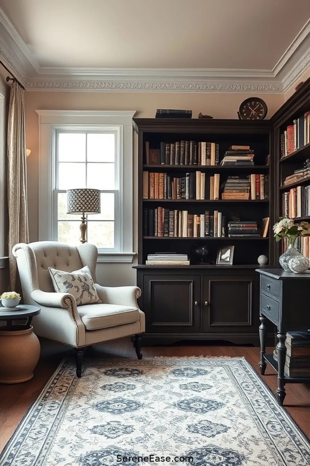 20 Ways to Create a Black and White Modern Farmhouse Library Style 4 Opt for Vintage-Inspired Furniture for 20 Ways to Create a Black and White Modern Farmhouse Library Style