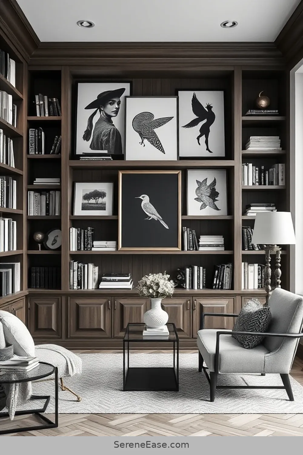 20 Ways to Create a Black and White Modern Farmhouse Library Style 11 Use Monochrome Artwork for 20 Ways to Create a Black and White Modern Farmhouse Library Style