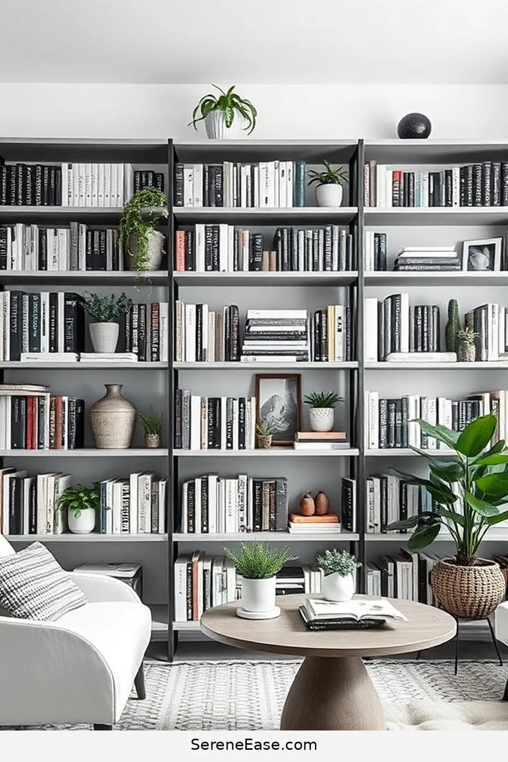 20 Ways to Create a Black and White Modern Farmhouse Library Style 6 Use Open Shelving for Book Display for 20 Ways to Create a Black and White Modern Farmhouse Library Style