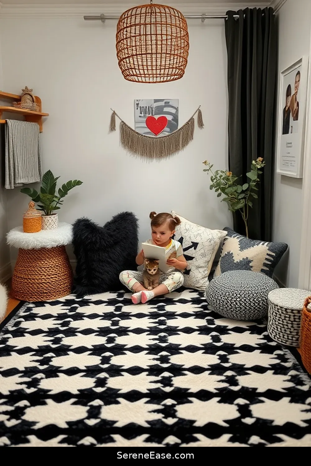 Create a Cozy Reading Nook for 20 Ways to Incorporate Black and White Style in a Bohemian Nursery