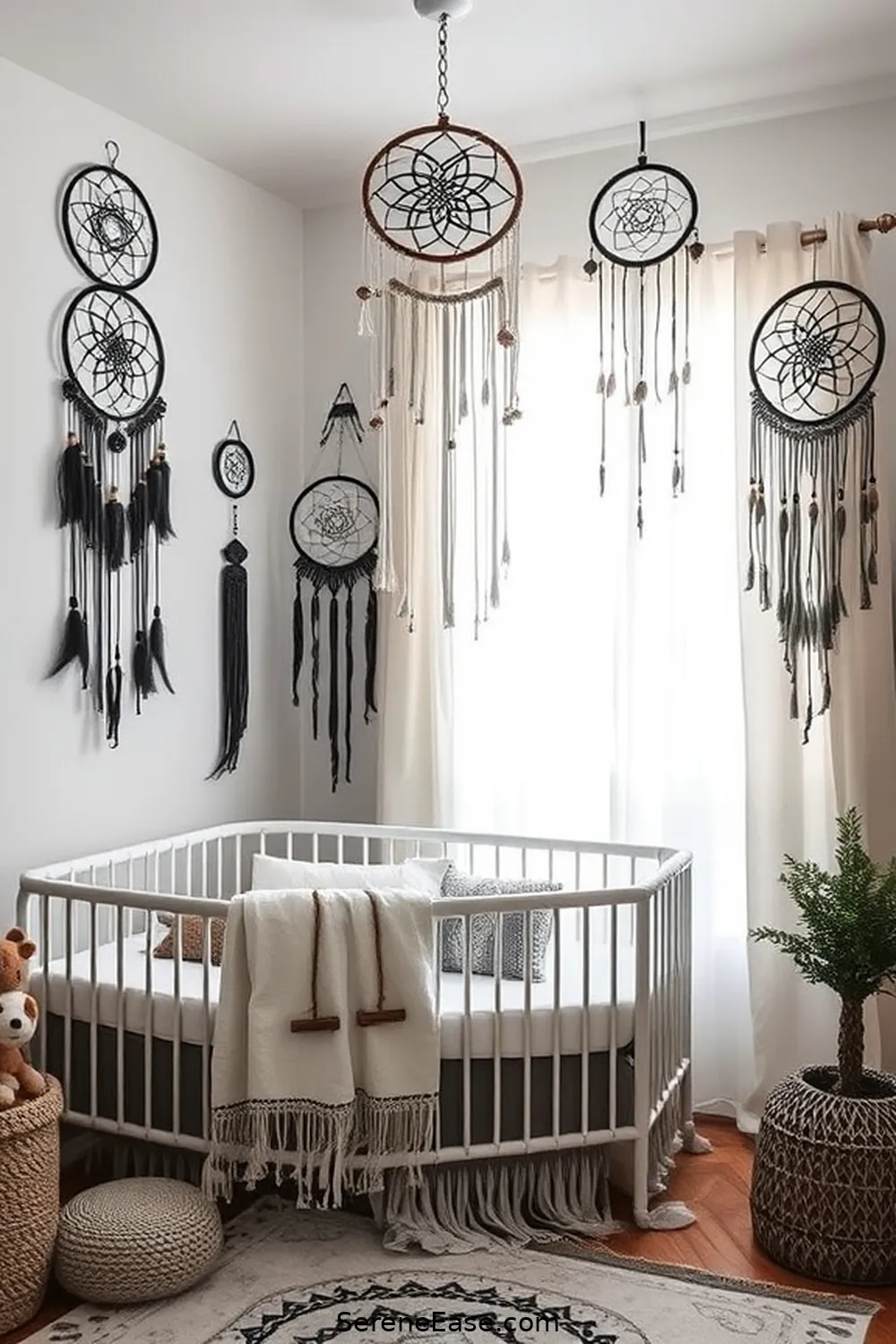 Hang Dreamcatchers and Wall Hangings for 20 Ways to Incorporate Black and White Style in a Bohemian Nursery