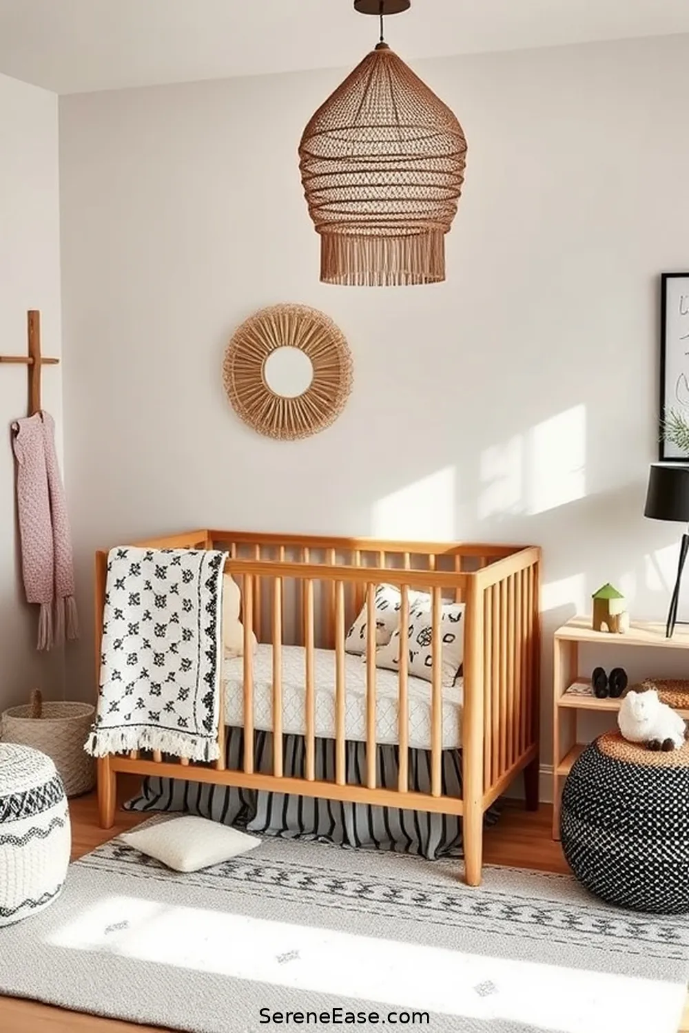 Incorporate Natural Wood Accents for 20 Ways to Incorporate Black and White Style in a Bohemian Nursery