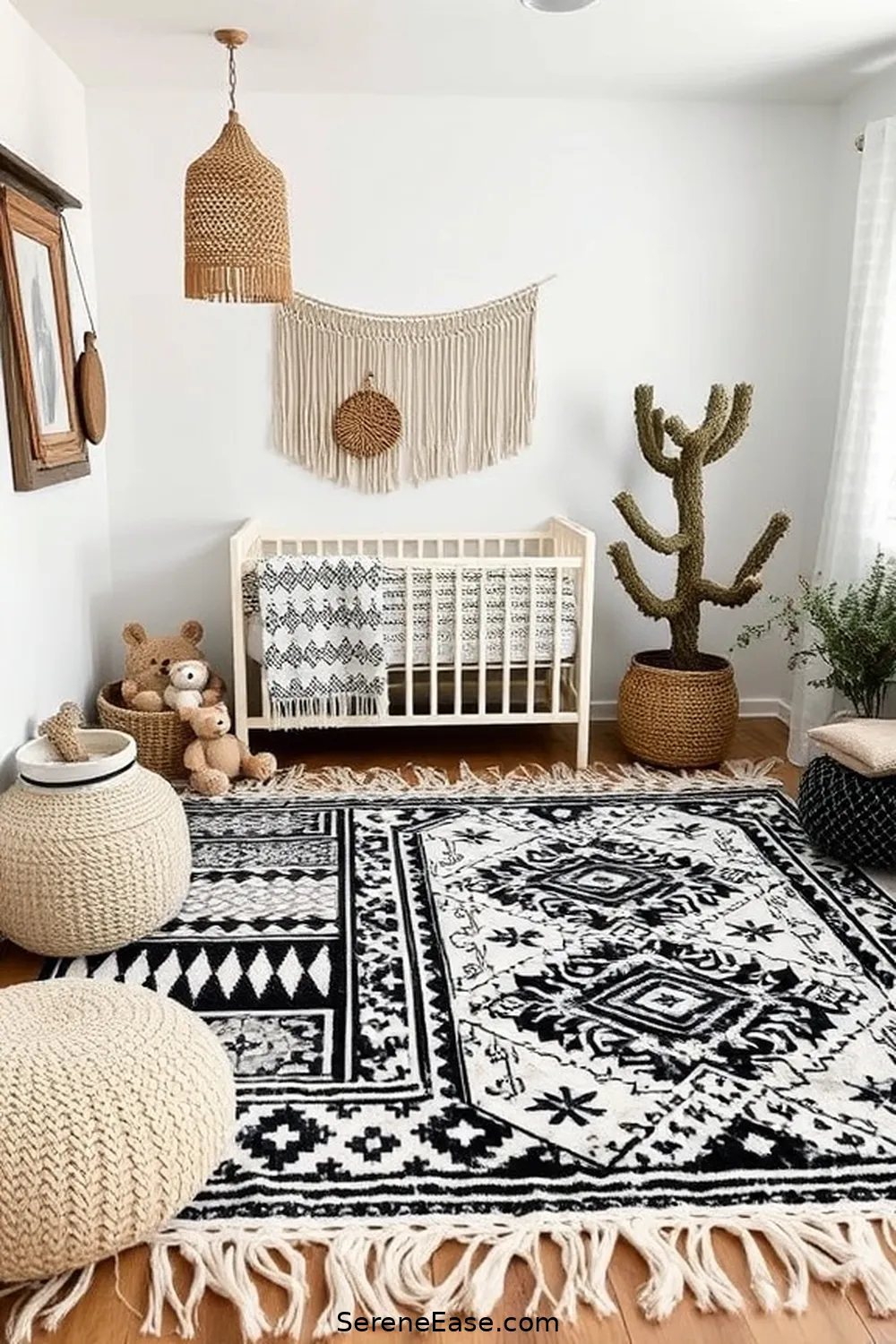 Layer Textures With Rugs for 20 Ways to Incorporate Black and White Style in a Bohemian Nursery