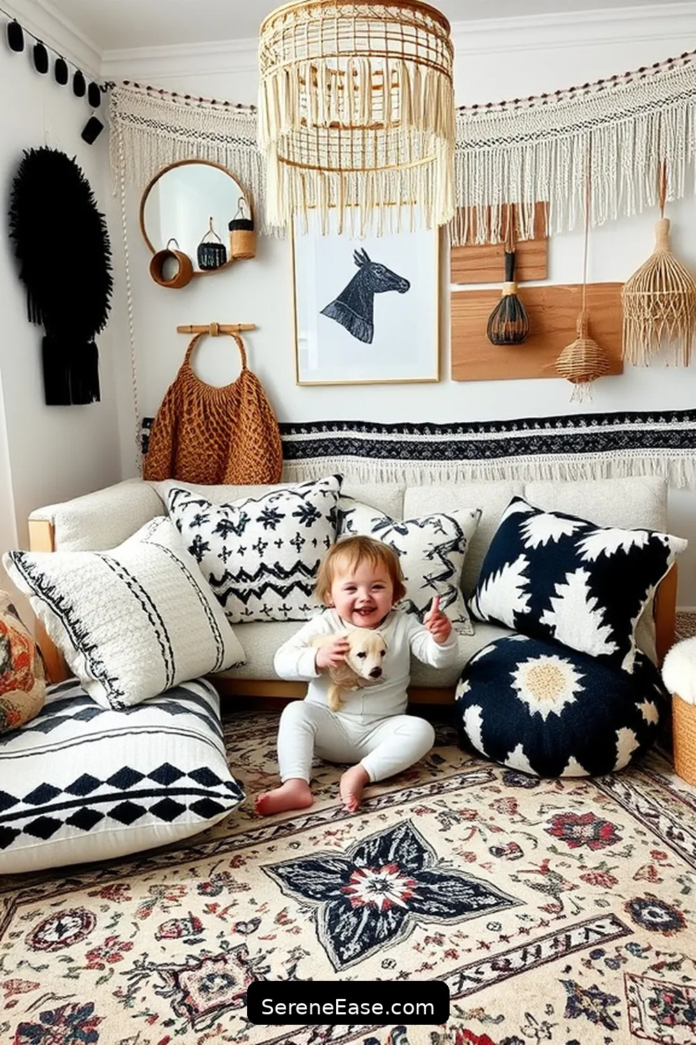 Mix and Match Textiles for 20 Ways to Incorporate Black and White Style in a Bohemian Nursery