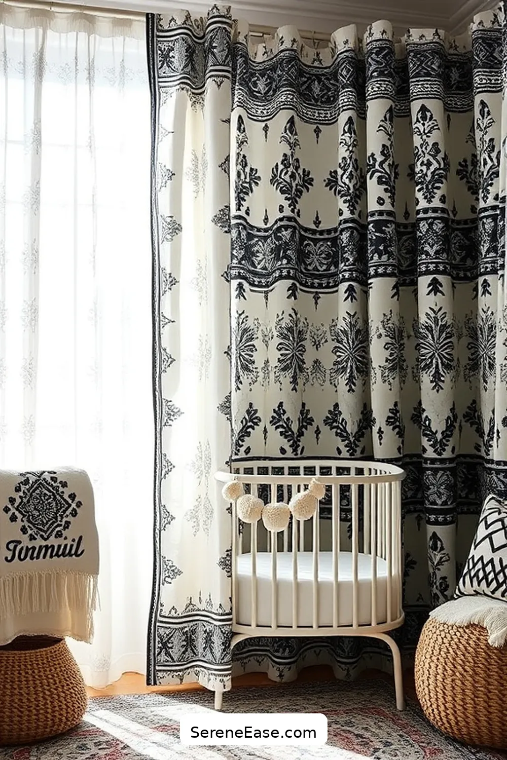 Use Striking Black and White Curtains for 20 Ways to Incorporate Black and White Style in a Bohemian Nursery