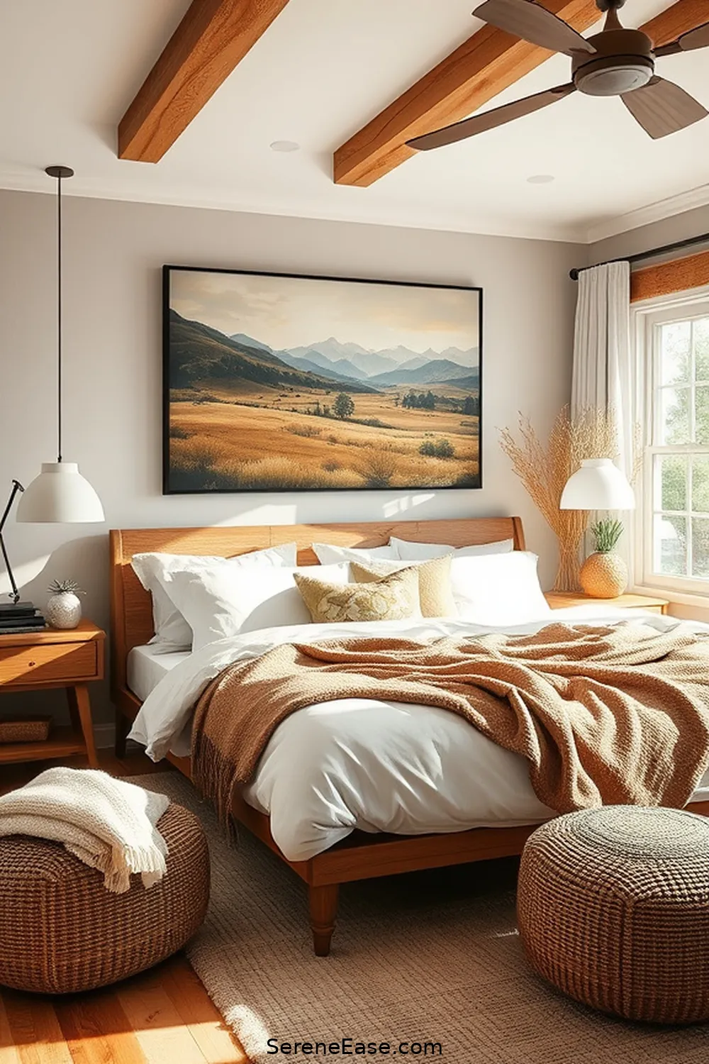 Hang Landscape Artwork for 20 Ways to Incorporate Earth Tones in a Modern Farmhouse Style Bedroom