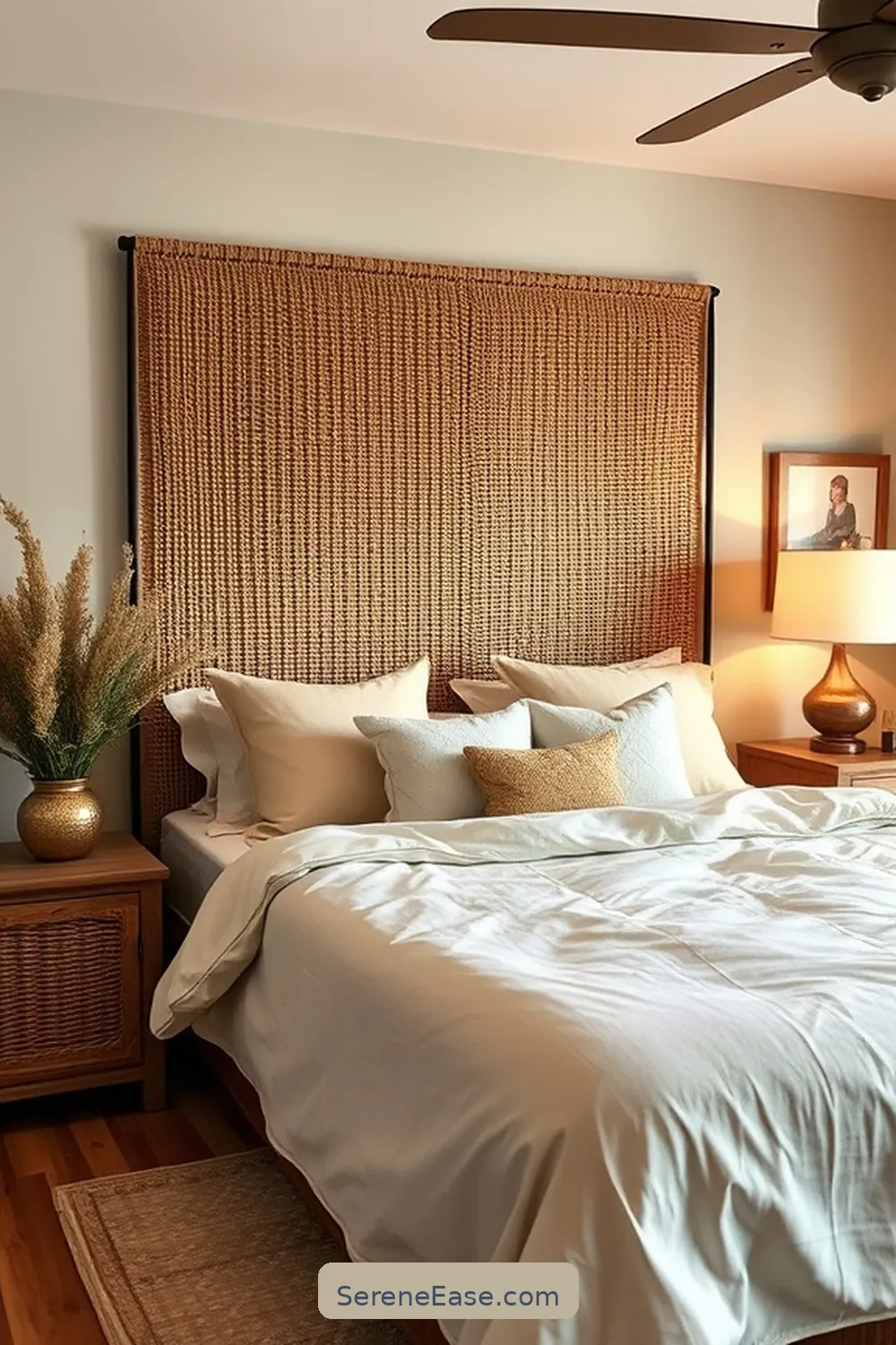 Install a Natural Fiber Headboard for 20 Ways to Incorporate Earth Tones in a Modern Farmhouse Style Bedroom