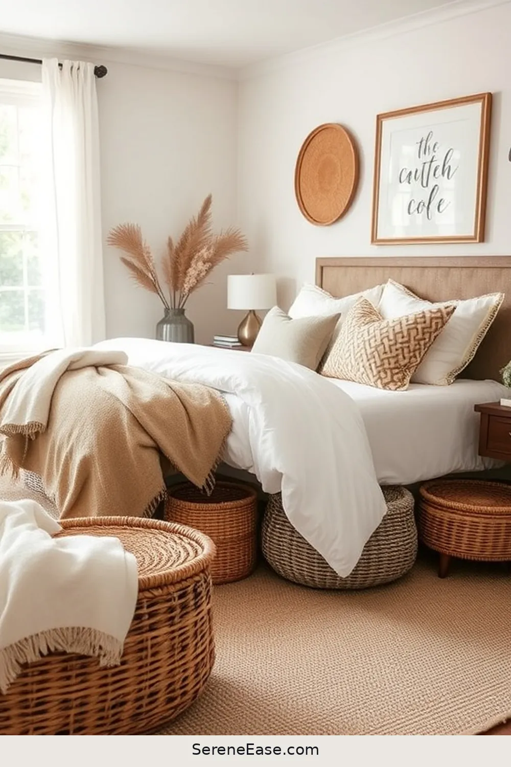 Utilize Woven Baskets for Storage for 20 Ways to Incorporate Earth Tones in a Modern Farmhouse Style Bedroom