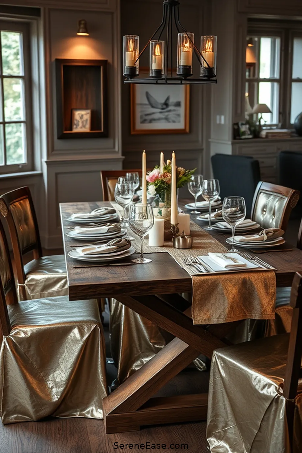 20 Ways to Incorporate Metallic Accents in Modern Farmhouse Dining Room Style 18 Use Metallic Table Linens for 20 Ways to Incorporate Metallic Accents in Modern Farmhouse Dining Room Style