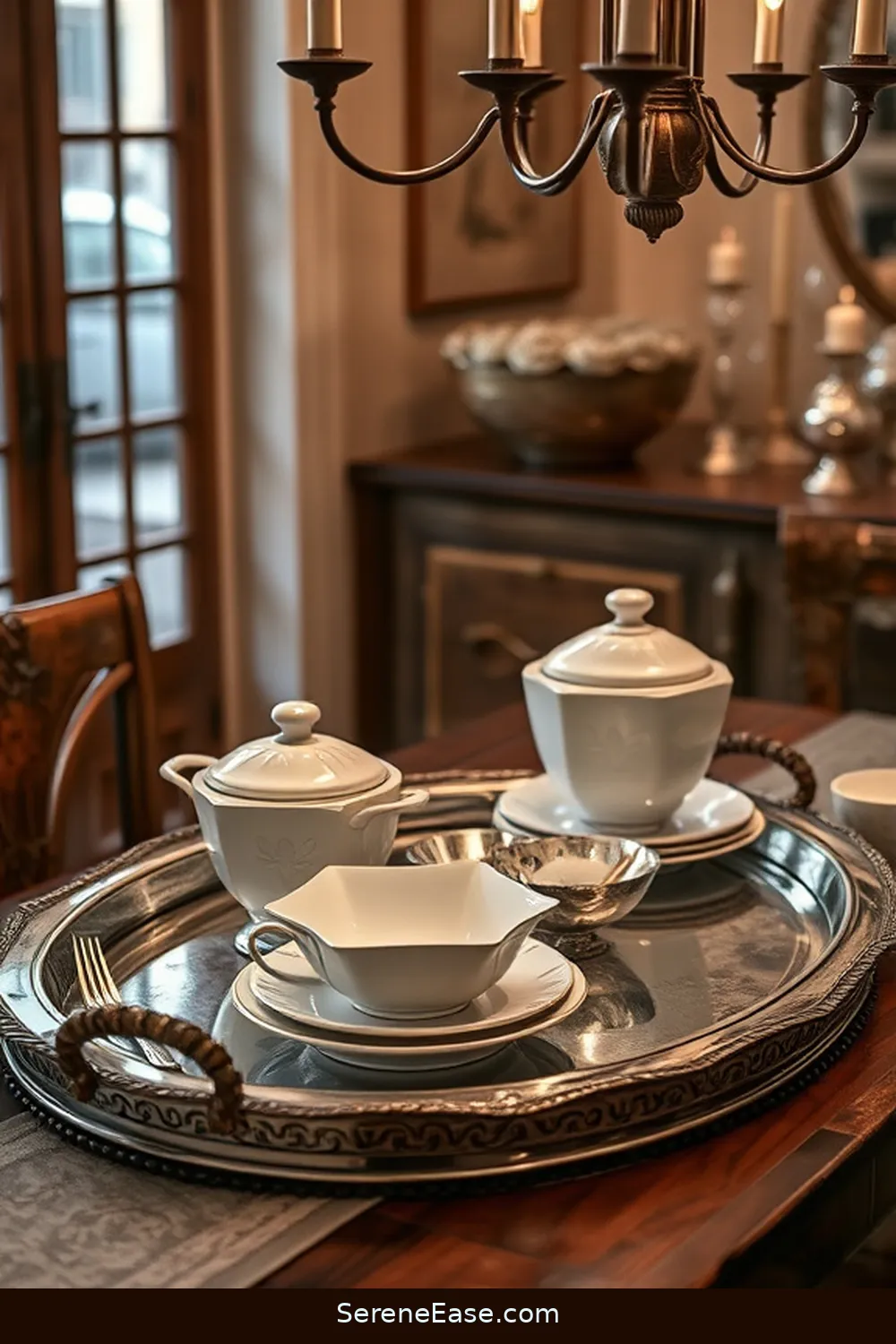 20 Ways to Incorporate Metallic Accents in Modern Farmhouse Dining Room Style 10 Use Metallic Tray for Serving for 20 Ways to Incorporate Metallic Accents in Modern Farmhouse Dining Room Style