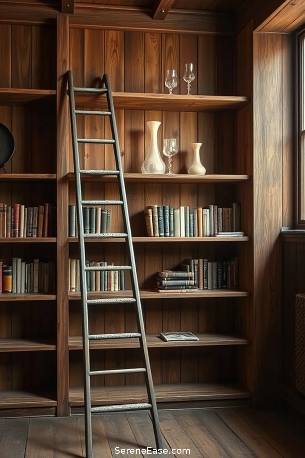 20 Ways to Incorporate Metallic Accents in Rustic Library Style 11 Adding a Metal Ladder for Book Access for 20 Ways to Incorporate Metallic Accents in Rustic Library Style