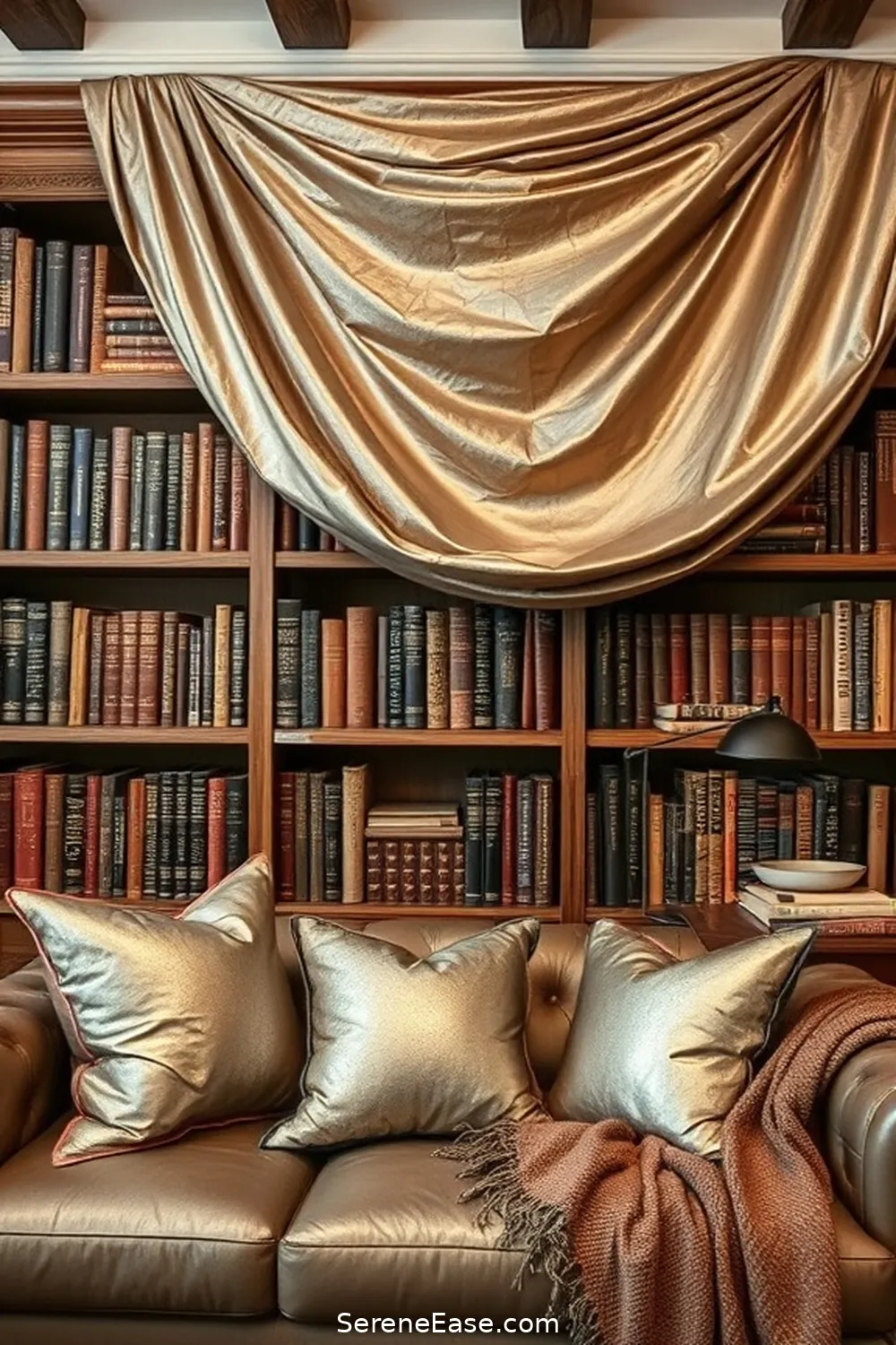 20 Ways to Incorporate Metallic Accents in Rustic Library Style 15 Incorporating Metallic Textiles for 20 Ways to Incorporate Metallic Accents in Rustic Library Style