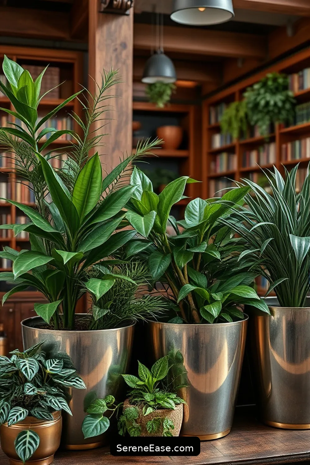 20 Ways to Incorporate Metallic Accents in Rustic Library Style 10 Metallic Planters for Indoor Plants for 20 Ways to Incorporate Metallic Accents in Rustic Library Style