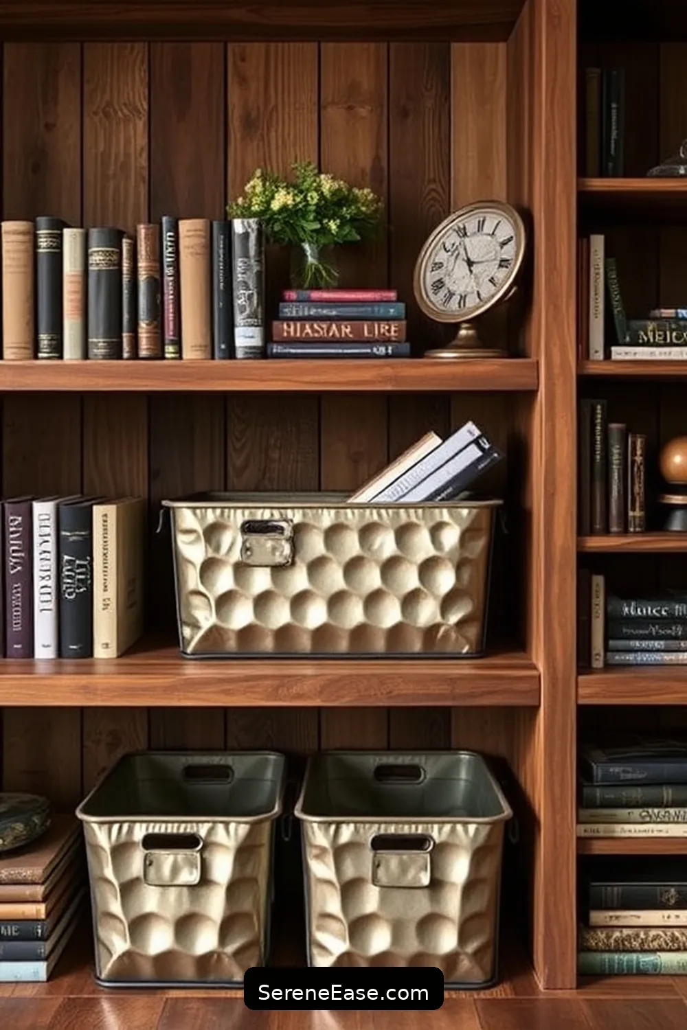 20 Ways to Incorporate Metallic Accents in Rustic Library Style 12 Utilizing Metal Storage Bins for 20 Ways to Incorporate Metallic Accents in Rustic Library Style