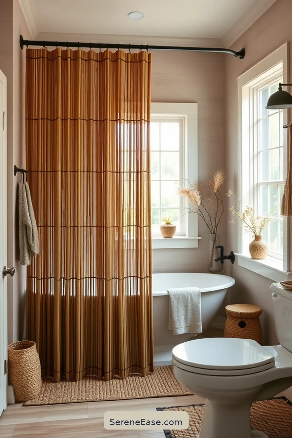 20 Ways to Use Earth Tones in Your Modern Farmhouse Bathroom Style 14 Add a Wooden or Bamboo Shower Curtain for 20 Ways to Use Earth Tones in Your Modern Farmhouse Bathroom Style