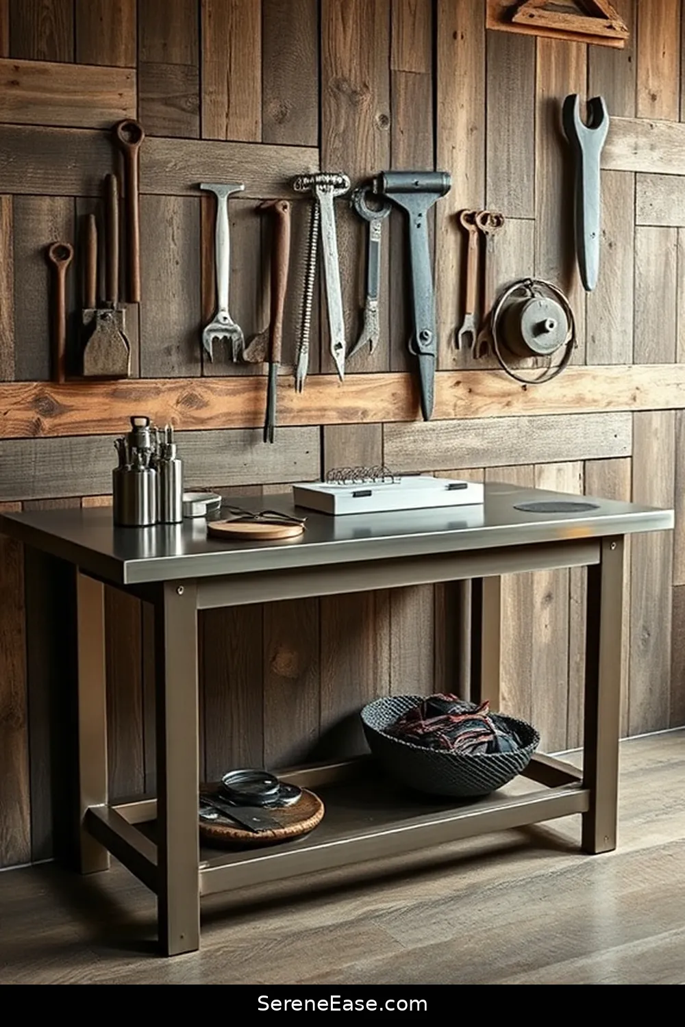 20 Ways to Use Metallic Accents in Rustic Garage Style 17 Add a Metallic Workbench for 20 Ways to Use Metallic Accents in Rustic Garage Style