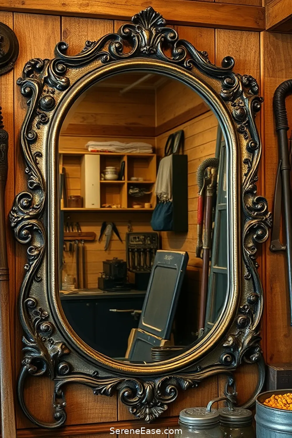 20 Ways to Use Metallic Accents in Rustic Garage Style 3 Use Metal Framed Mirrors for 20 Ways to Use Metallic Accents in Rustic Garage Style