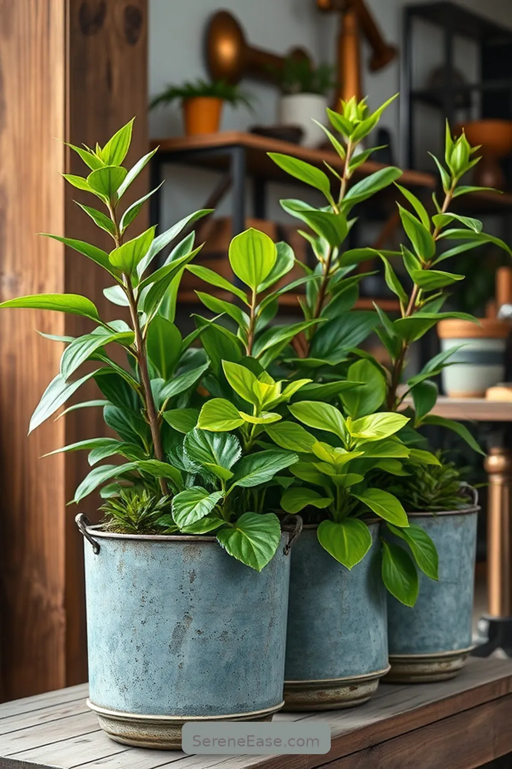 20 Ways to Use Metallic Accents in Rustic Garage Style 11 Use Metal Planters for Greenery for 20 Ways to Use Metallic Accents in Rustic Garage Style
