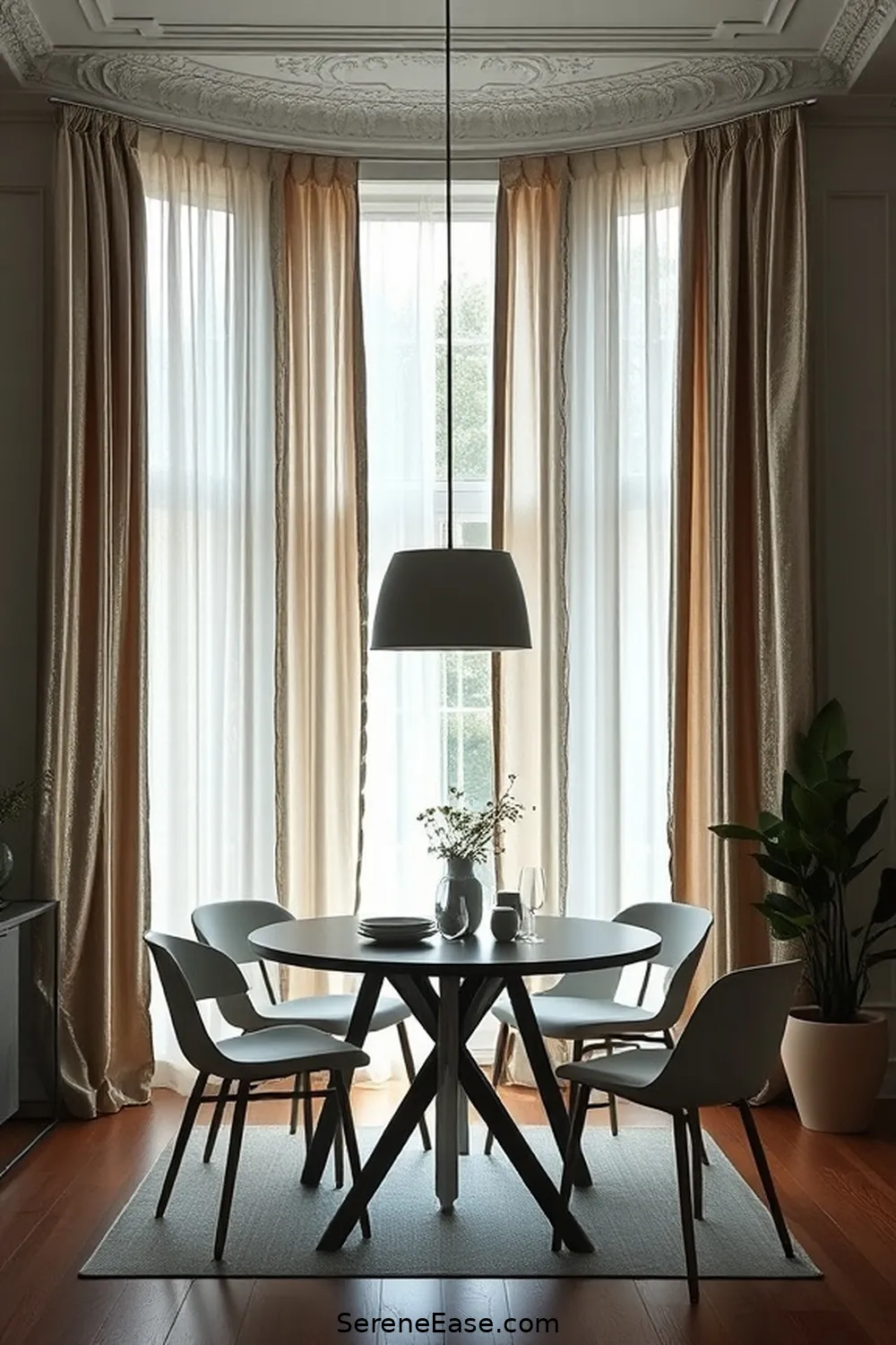 20 Ways to Use Metallic Accents in Scandinavian Style Dining Rooms 19 Choose Metallic Curtains or Drapes for 20 Ways to Use Metallic Accents in Scandinavian Style Dining Rooms