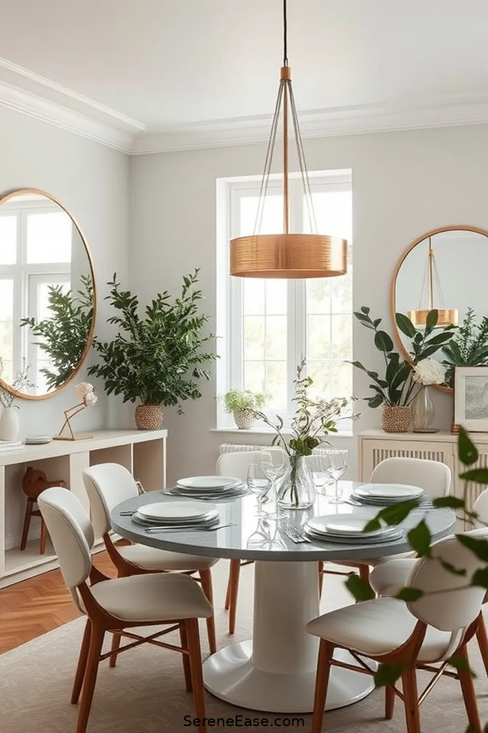 20 Ways to Use Metallic Accents in Scandinavian Style Dining Rooms 9 Hang Metallic Mirrors for 20 Ways to Use Metallic Accents in Scandinavian Style Dining Rooms