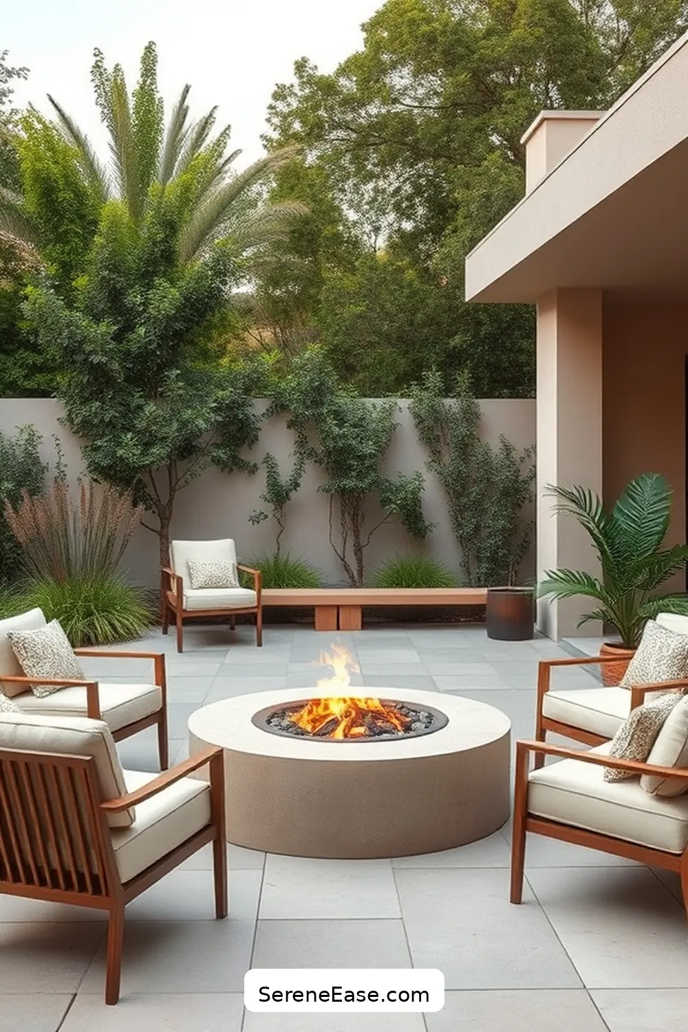 20 Ways to Use Neutral Tones in Your Mid-Century Modern Outdoor Patio Style 13 Add a Fire Pit With a Neutral Finish for 20 Ways to Use Neutral Tones in Your Mid-Century Modern Outdoor Patio Style