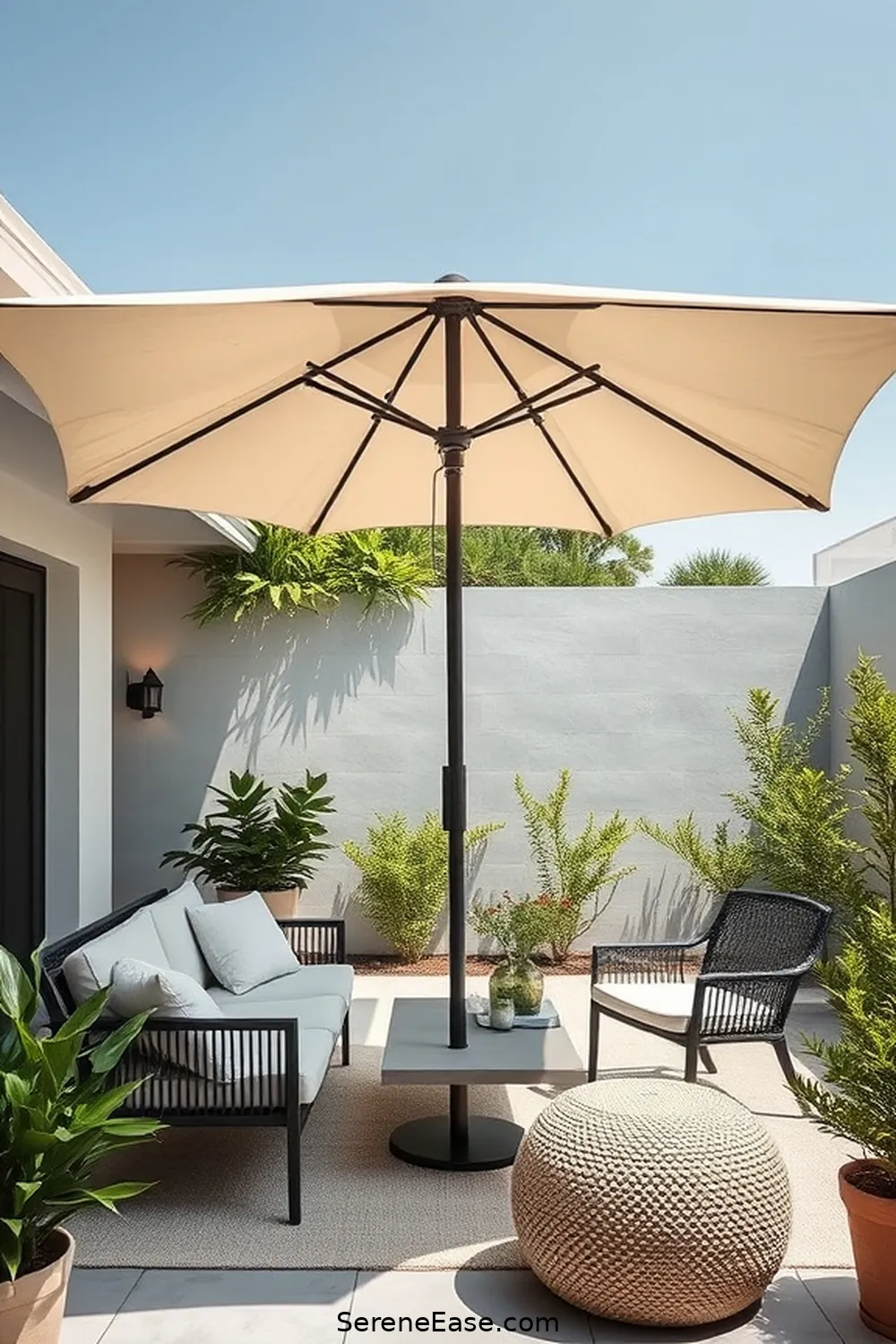 20 Ways to Use Neutral Tones in Your Mid-Century Modern Outdoor Patio Style 7 Add a Statement Umbrella in Subtle Shades for 20 Ways to Use Neutral Tones in Your Mid-Century Modern Outdoor Patio Style