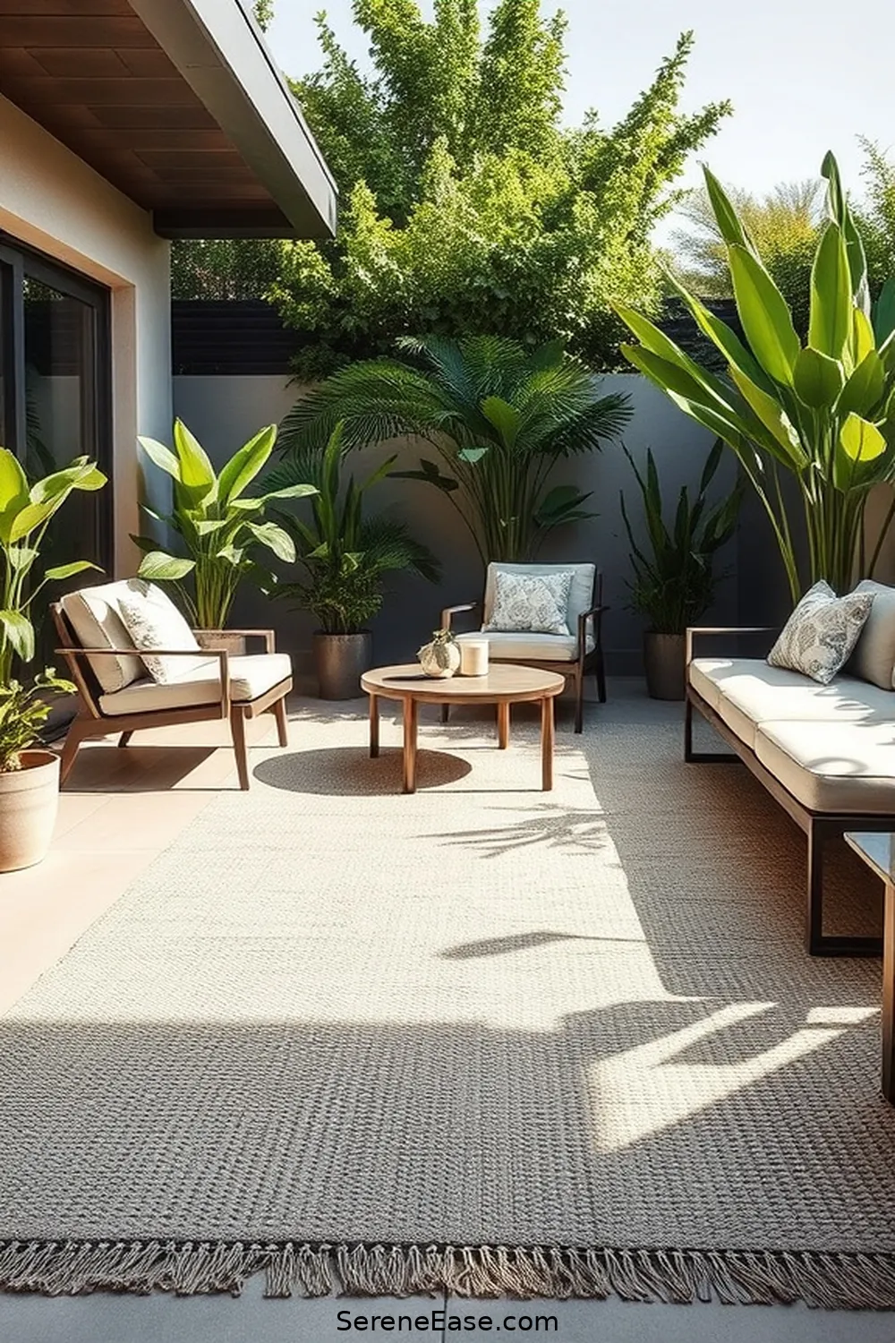20 Ways to Use Neutral Tones in Your Mid-Century Modern Outdoor Patio Style 3 Incorporate Textured Rugs in Soft Hues for 20 Ways to Use Neutral Tones in Your Mid-Century Modern Outdoor Patio Style