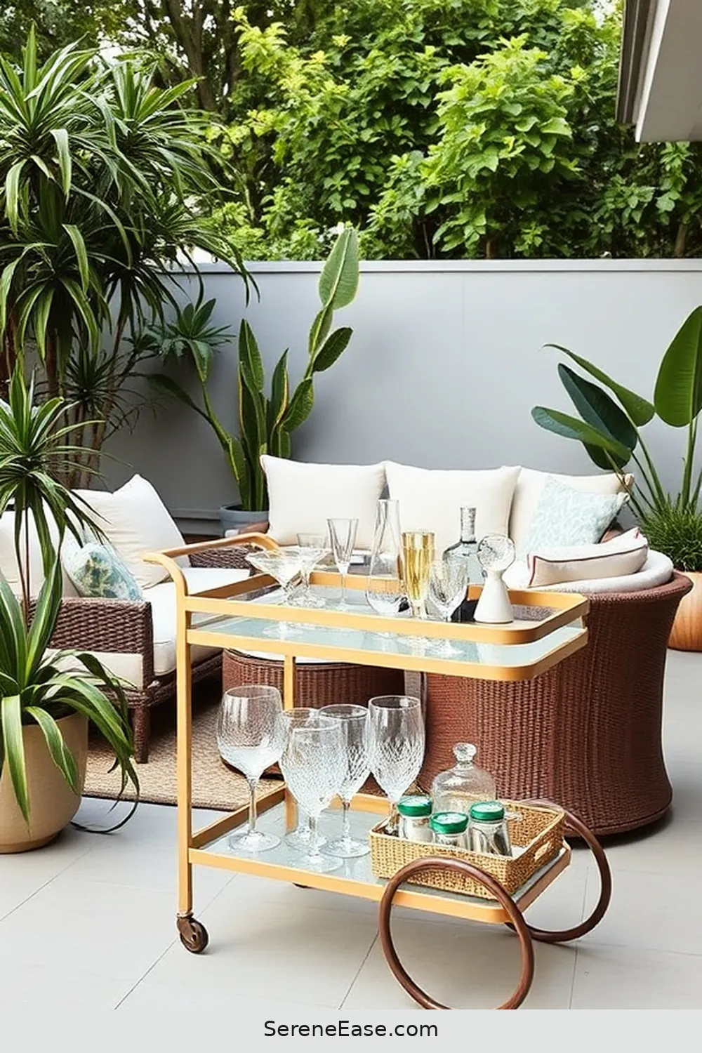 20 Ways to Use Neutral Tones in Your Mid-Century Modern Outdoor Patio Style 18 Use a Softly Colored Outdoor Bar Cart for 20 Ways to Use Neutral Tones in Your Mid-Century Modern Outdoor Patio Style