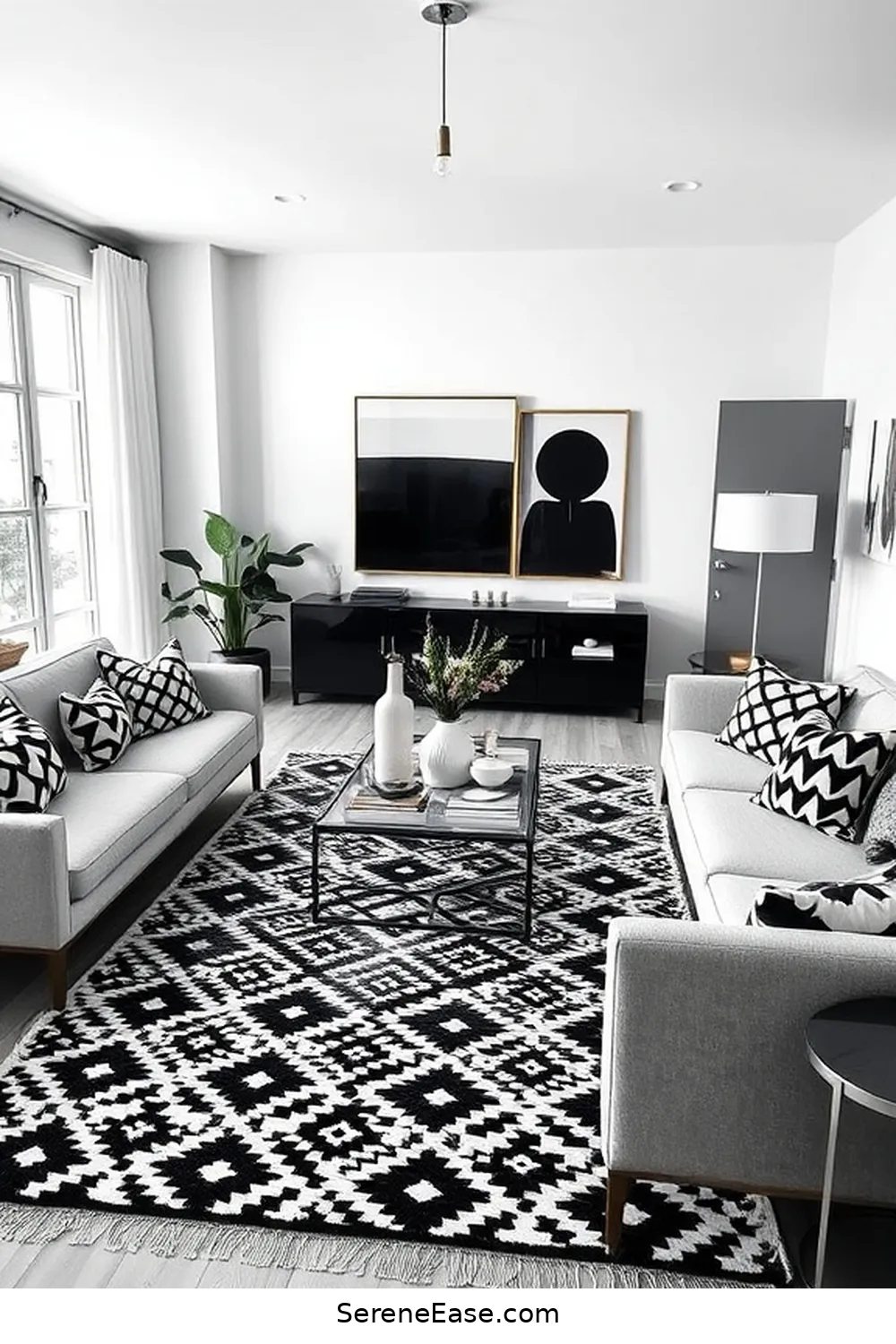 21 Ways to Achieve Black and White Scandinavian Style Living Room 5 Use Geometric Patterns for 21 Ways to Achieve Black and White Scandinavian Style Living Room