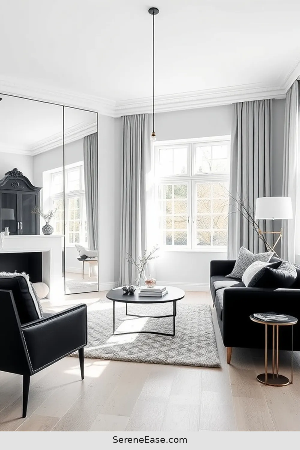 21 Ways to Achieve Black and White Scandinavian Style Living Room 14 Use Mirrors to Enhance Light for 21 Ways to Achieve Black and White Scandinavian Style Living Room