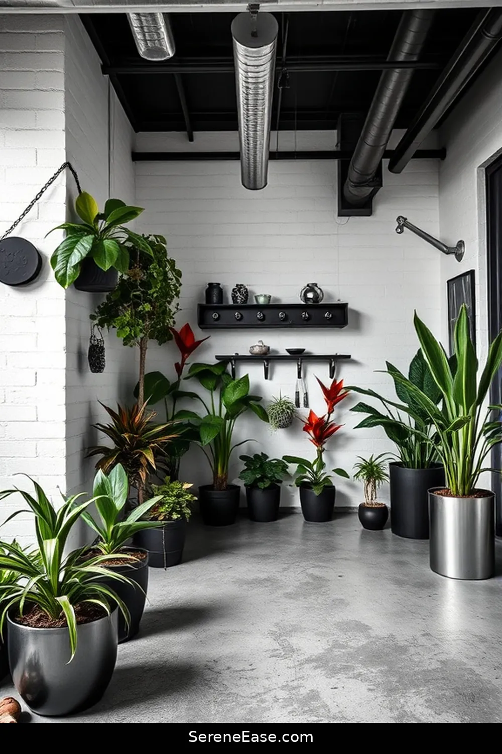 21 Ways to Achieve Industrial Style in Your Black and White Garage 19 Add a Touch of Green With Potted Plants for 21 Ways to Achieve Industrial Style in Your Black and White Garage