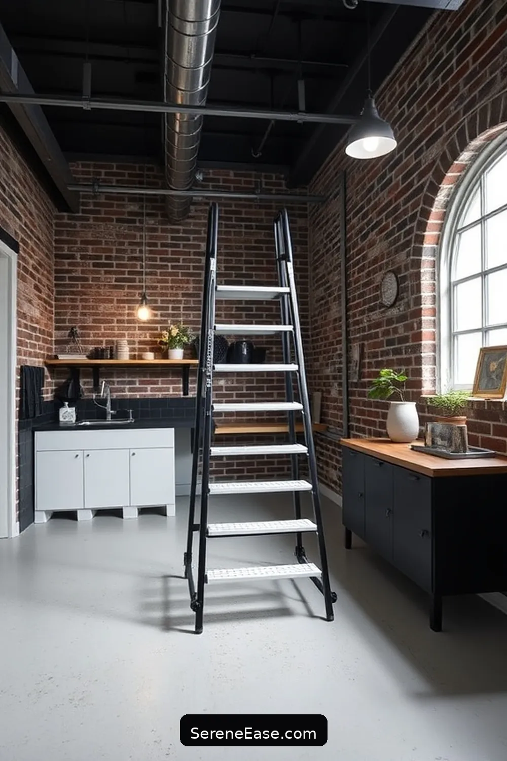 21 Ways to Achieve Industrial Style in Your Black and White Garage 17 Choose a Rolling Ladder for Accessibility for 21 Ways to Achieve Industrial Style in Your Black and White Garage