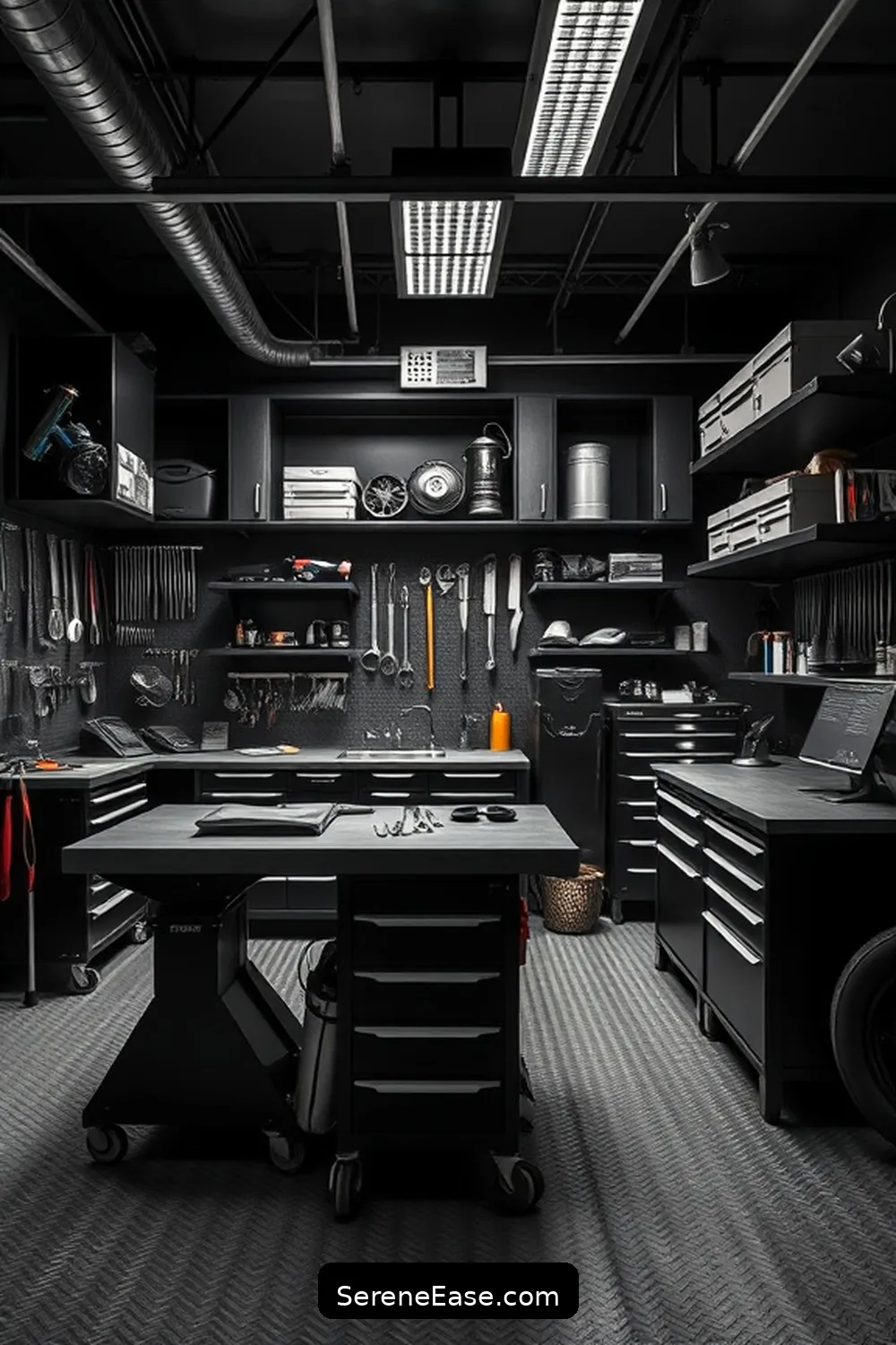 21 Ways to Achieve Industrial Style in Your Black and White Garage 22 Create a Functional Work Zone for 21 Ways to Achieve Industrial Style in Your Black and White Garage